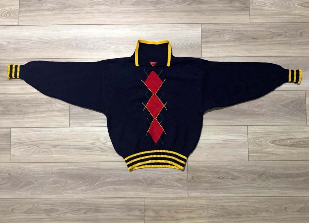 Vintage 80s Esprit Sport Wool Argyle Sweater Navy Red Yellow Collared Dolman S